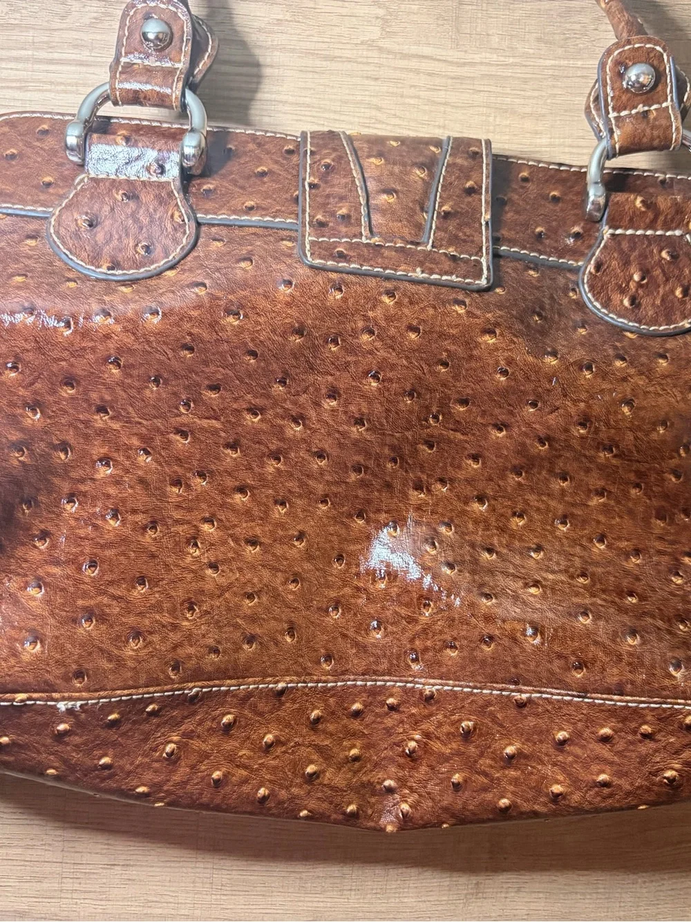 Vintage Y2K Guess Brown Faux Ostrich Shoulder Bag Purse Silver Hardware